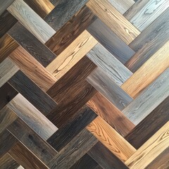 Intricate Herringbone Wood Flooring with Dynamic Dark, Light Gray, and Brown Stripes Detail