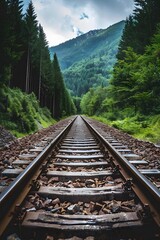 Fototapeta premium Railroad Tracks Leading Through Lush Green Forest