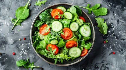 A fresh salad bowl with mixed greens, tomatoes, and cucumbers, promoting healthy eating habits.