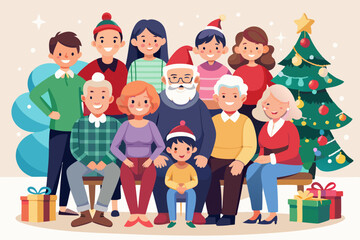 Large family celebrates Christmas or New Year. Grandma and grandfather, mom, dad and children are sitting
