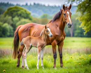 Fototapeta premium portrait of beautiful red mare with foal