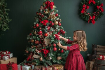 Small child teenage girl decorates festive Christmas tree a bright ornaments with beautiful New Year&rsquo;s bauble. Young girl in a winter sweater on the background of a Xmas tree