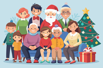 Large family celebrates Christmas or New Year. Grandma and grandfather, mom, dad and children are sitting

