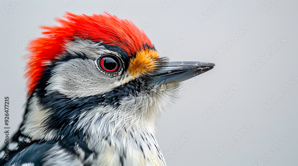 Poster a bird with a red beak and orange feathers. the bird is looking at the camera. the image has a warm 