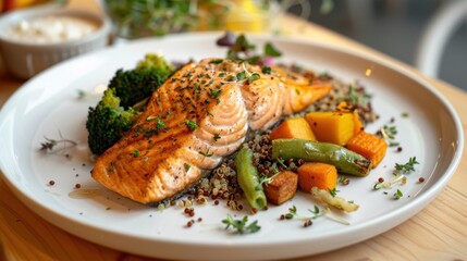 A nutritious meal with grilled salmon, quinoa, and steamed vegetables on a white plate, promoting healthy eating.