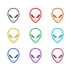 Extraterrestrial alien face or head icon isolated on white background. Set icons colorful