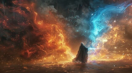 A stunning cosmic scene featuring vibrant orange and blue hues merging in a celestial landscape, invoking a sense of wonder.