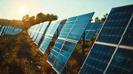 Obraz premium A row of solar panels in a field, capturing sunlight to generate clean electricity, promoting renewable energy.
