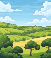 Cartoon Landscape with Rolling Green Hills and Blue Sky