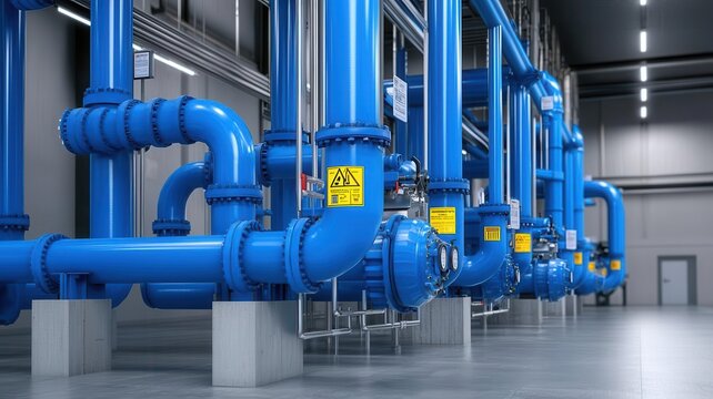 A mechanical room with blue pipes feeding into heavy-duty compressors, with warning labels and control valves, photo-realistic, functional industrial environment