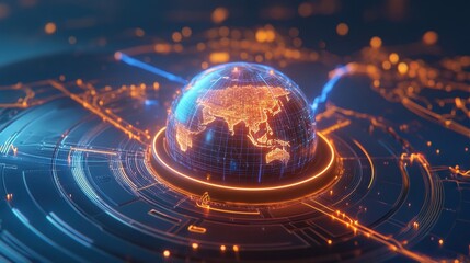 Obraz premium A futuristic quantum-powered supply chain management system, visualized as glowing pathways connecting global locations,