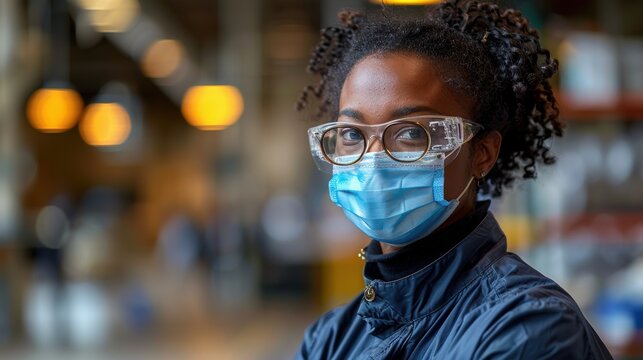 Woman wearing protective eyewear and a face mask in an indoor environment during the day - Powered by Adobe