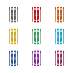 Skis and ski poles  icon isolated on white background. Set icons colorful