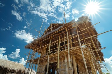 A stunning view of a bamboo structure under construction with a bright sun and blue sky, showcasing modern eco-friendly architecture.