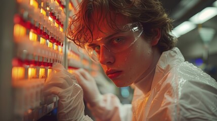 Young scientist observes laboratory equipment in a high-tech research facility during an experimental phase