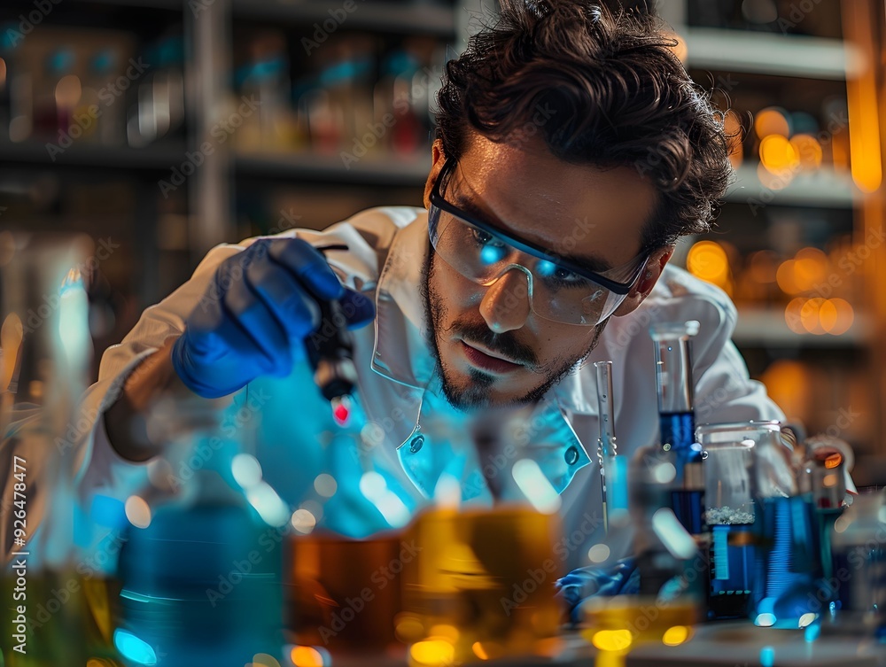 Aufkleber scientist conducting experiments with colorful liquids in a laboratory during the evening