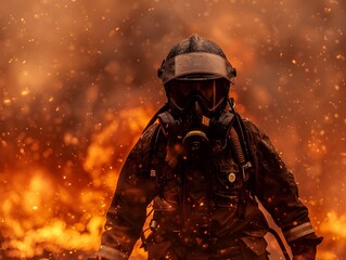 Naklejka premium Firefighter battling intense flames during a rescue operation at dusk