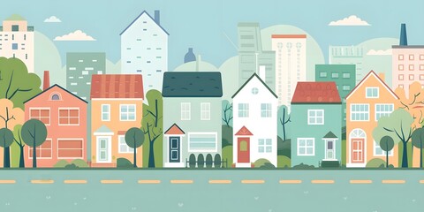 Colorful Cartoon Illustration of a Cityscape with Houses and Trees