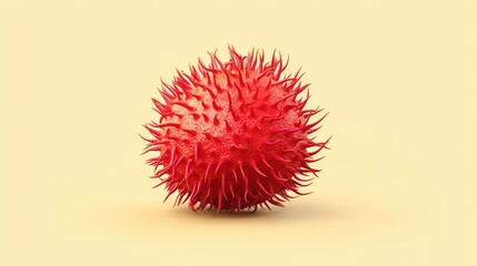 A 3D cartoon rambutan with a hairy red exterior, isolated on a light yellow background.