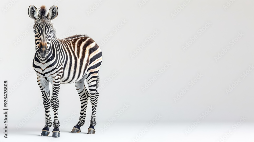 Poster a zebra standing in front of a white background. the zebra is the main focus of the image, and it is