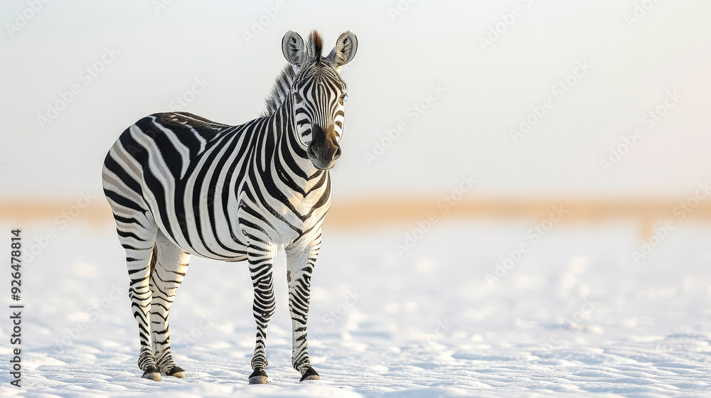 Poster a zebra standing in front of a white background. the zebra is the main focus of the image, and it is