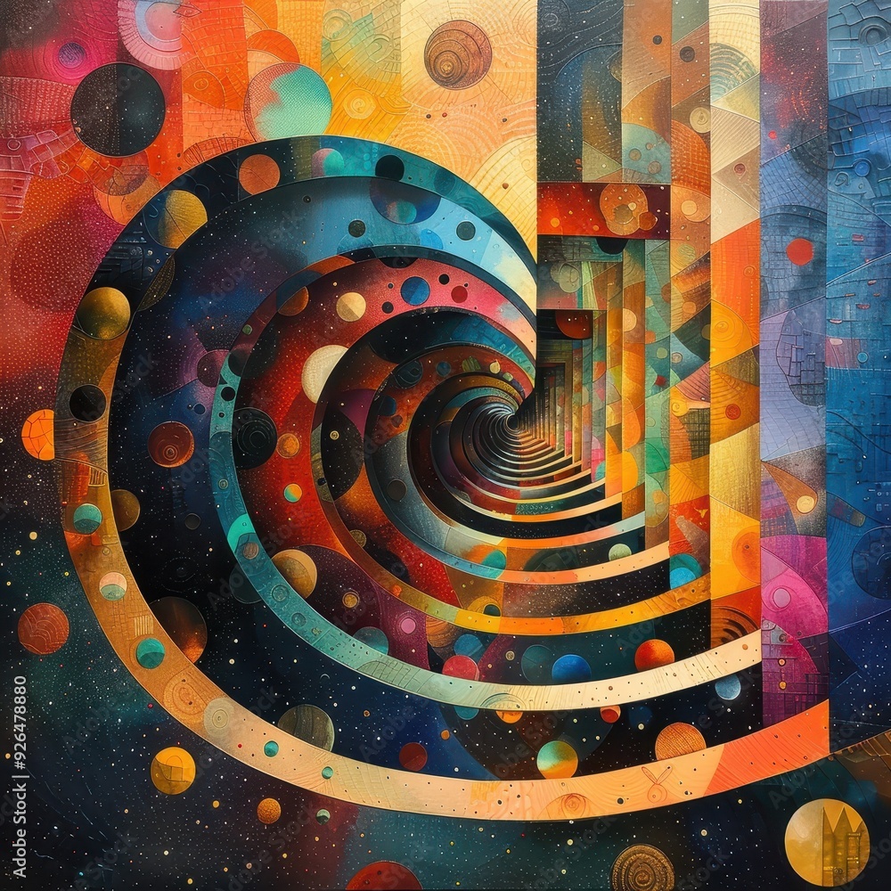 Poster a vibrant abstract design featuring swirling patterns and colorful spheres, evoking a sense of depth