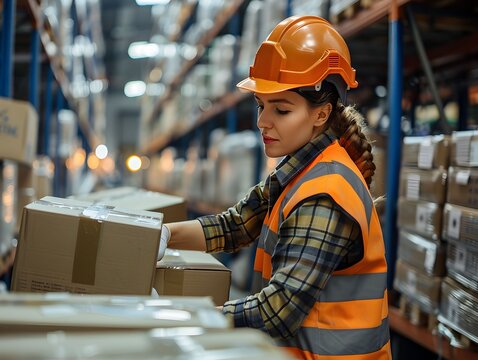 Worker in an orange safety vest organizes boxes in a warehouse during the day