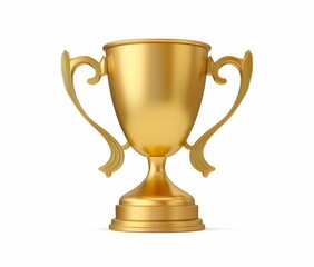 A shiny golden trophy with two handles, simple design, white isolated background. Winner award success.