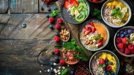 Healthy smoothie bowls topped with fruits, seeds, and nuts, arranged on a wooden table, promoting nutritious breakfast options.