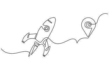 One continuous line drawing of simple retro spacecraft flying up to the outer space nebula, Rocket space ship launch into universe concept, vector illustration