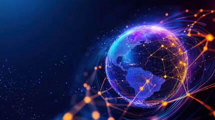 Quantum network connecting global businesses, visualized as a glowing grid spanning continents, with digital data streams,