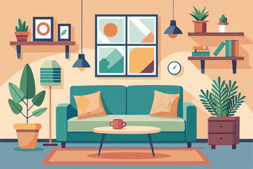 Interior of a cozy living room with a sofa, pieces of furniture, accessories, paintings and a plant
