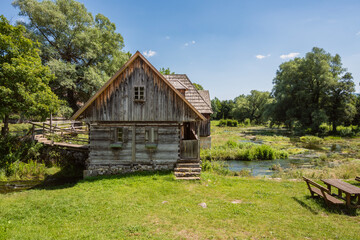 Majerovo Vrilo, beautiful wooden mill houses on the spring of Gacka river, Croatia, one of the last...