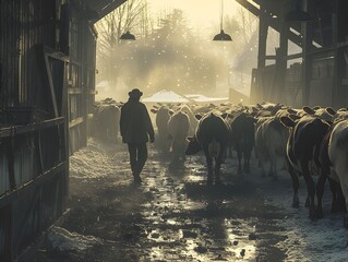 Farmer herding cattle through a misty barn at dawn with soft sunlight filtering through the structure