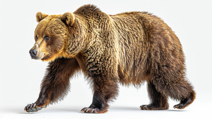 Obraz premium A bear with a fluffy coat stands in front of a white background. The bear appears to be looking at the camera, possibly curious or cautious. Concept of wilderness and natural beauty