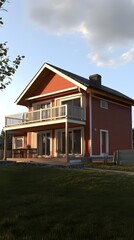 Fototapeta premium Red Modern House with a Balcony and Yard
