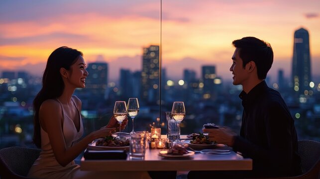 A couple enjoys a candlelit dinner, smiling at each other while overlooking the city at sunset - Powered by Adobe