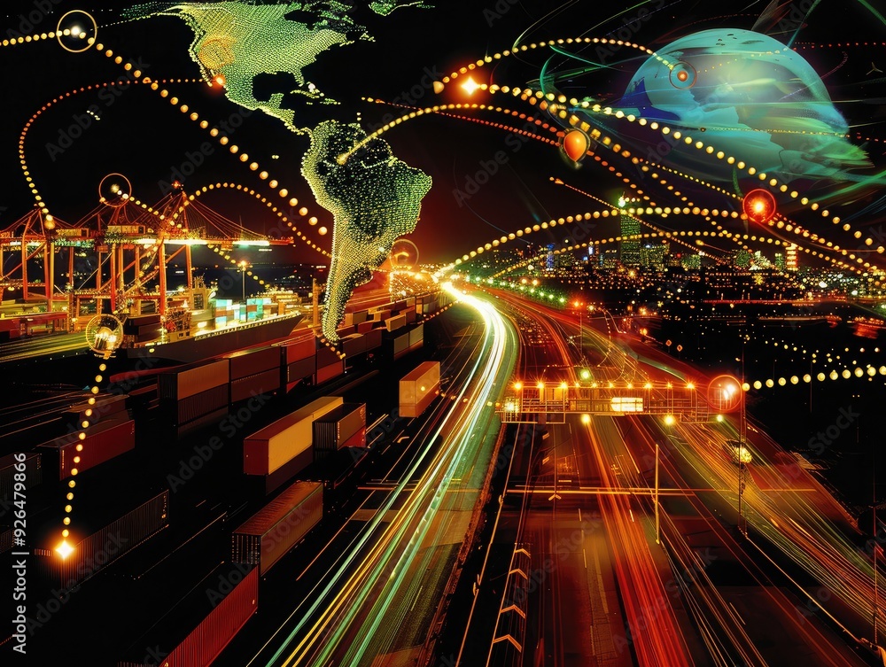 Poster a dynamic image showing the movement of goods from factory to ship to global markets, with arrows in