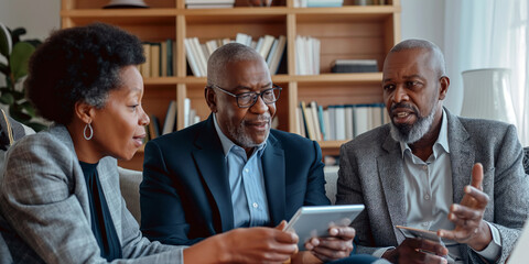 Banker assisting a senior couple with their financial planning, using a tablet to explain investment options in a cozy office setting.