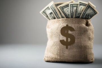 On a grey background, a money bag with a dollar sign, representing political funds and filled with cash.