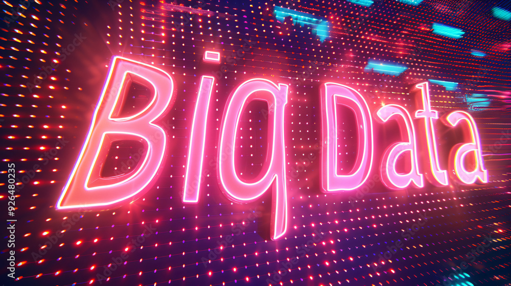 Poster neon sign glowing with the words big data on a digital screen with glowing dots