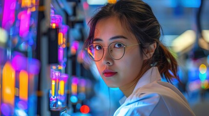 Scientist working in a vibrant laboratory with colorful test tubes in a advanced research setting