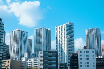 A cityscape image showcasing modern skyscrapers under a clear, bright blue sky, reflecting urban development and architecture.