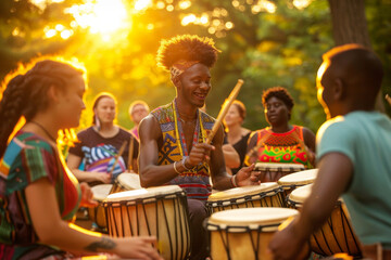 Vibrant drum circle with diverse community enjoying music in a sunny park