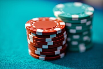 Multiple stacks of red and green poker chips sit neatly arranged on a green felt casino table, ready for gameplay.