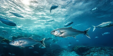 An underwater shot showcasing a diverse school of fish swimming in clear blue waters, emphasizing marine life beauty.