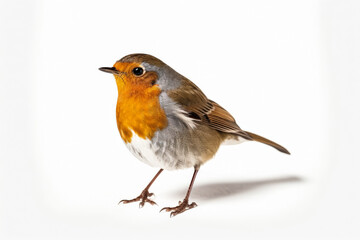 A small bird with a brown and white body stands on a rock. The bird is looking to the right