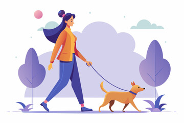 Woman is walking with a dog. Vector illustration in a flat style
