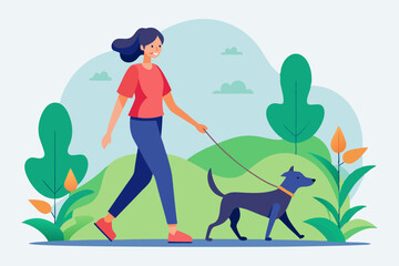 Woman is walking with a dog. Vector illustration in a flat style
