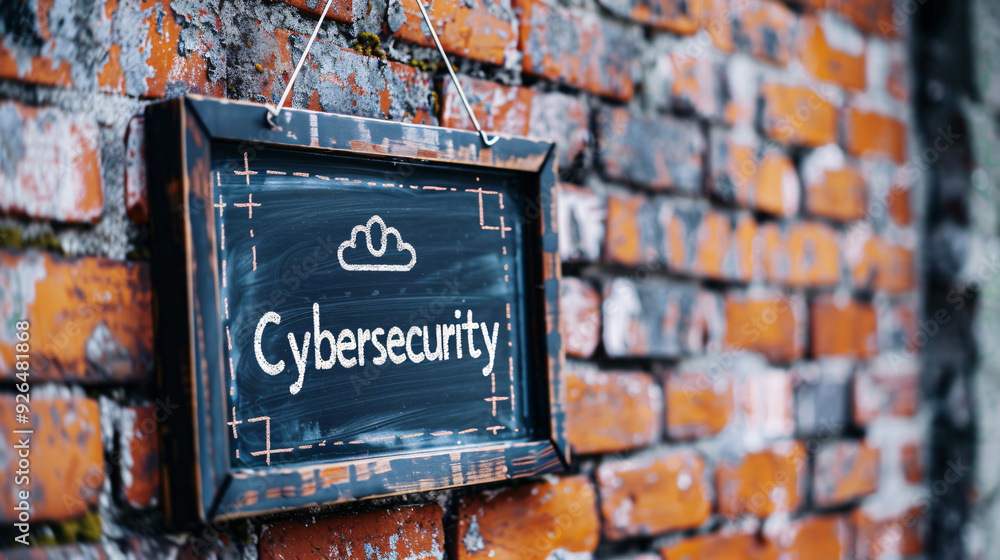 Aufkleber Symbol of cloud computing concept hanging on a brick wall with cybersecurity sign